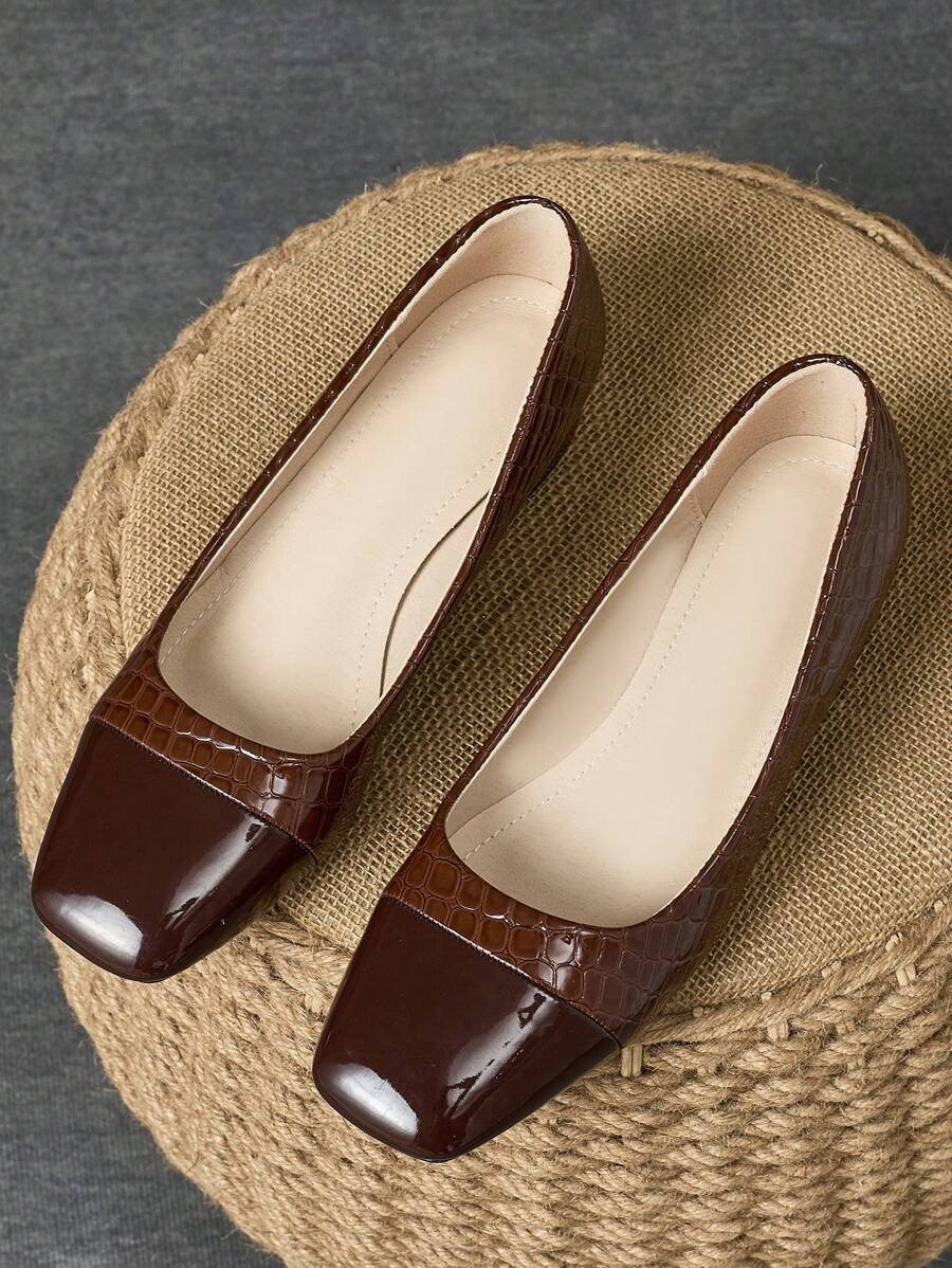 Damesmode Vierkante teen Lage Vamp Colorblock Pumps, Geschikt voor Vakantie, Reizen, Uitje, Vintage Bruin Casual, Marineblauwe Veelzijdige High-End Zwarte Flats