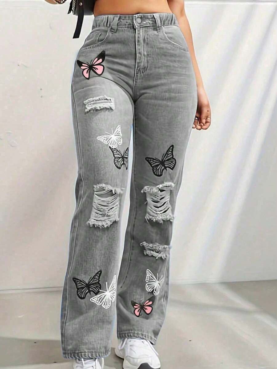 Jeans casuales rectos con efecto desgastado y estampado de mariposa para niña preadolescente
