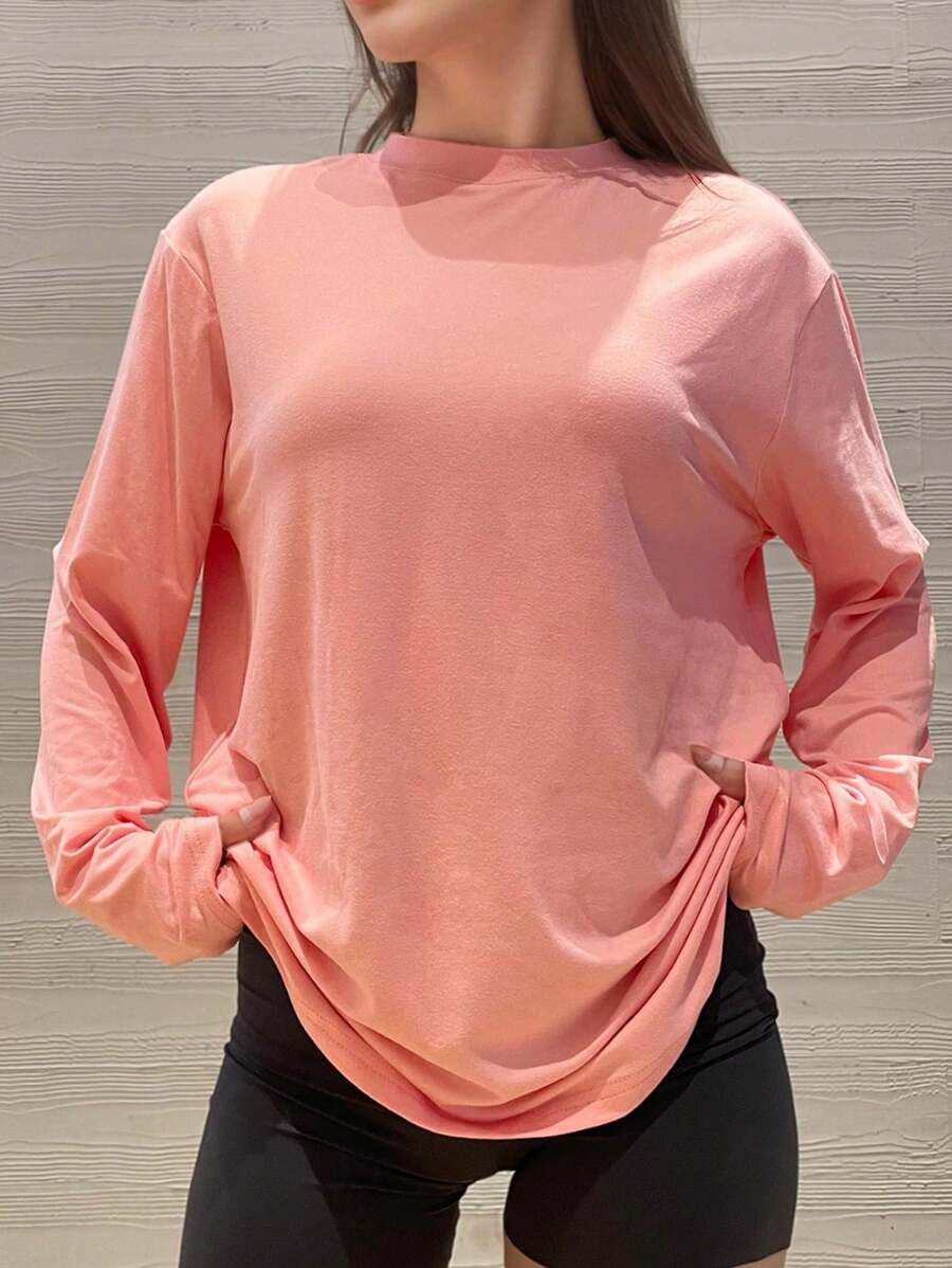 Small Shoulder Drop Long-Sleeve T-Shirt Solid Color Black Loose Casual