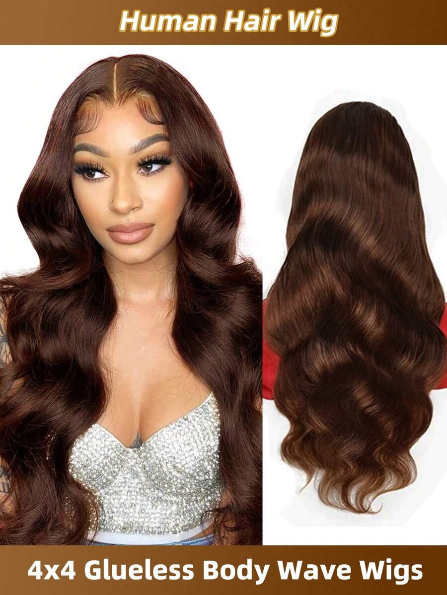 Peruca Ondulada Corporal Solta de 32 polegadas Sem Cola, Cabelo Humano, Densidade de 180%, Peruca Frontal de Renda Transparente 4x4 Sem Cola, Peruca Cor Marrom 4#, com Cabelo de Bebê, para Mulheres