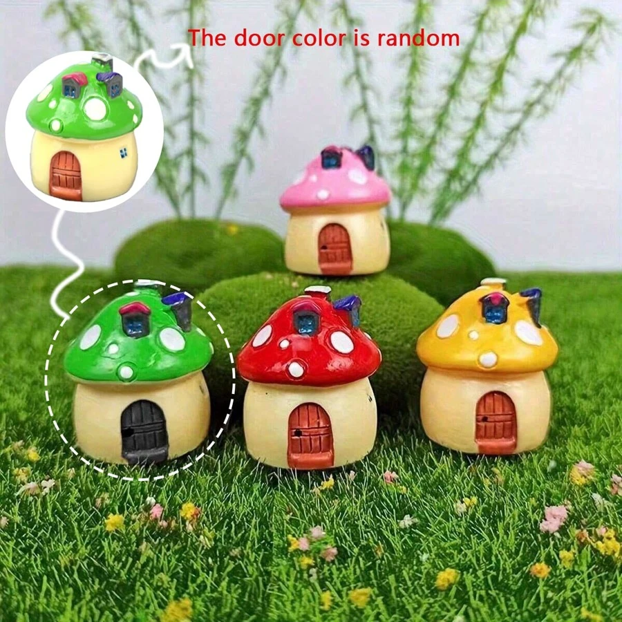Set Of 4pcs Resin Mushroom House Castle Decoration: Potted Moss Green Small Landscape DIY Ornaments - Perfect For Party And Holiday Decorations