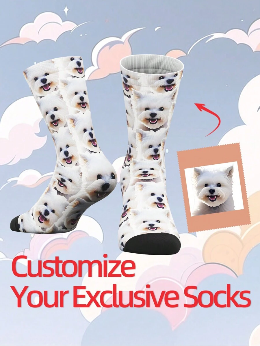 1 Pair Customized Face Print Mid-Calf Socks For Girls & Boys, Personalized Photo Printed Unique Teenager Socks, Fun Custom Design Mid-Length Socks For Daily Wear, Gifts, Festivals, Birthdays Back To School Winter Gift Ideas Boy Girl Valentine's Day