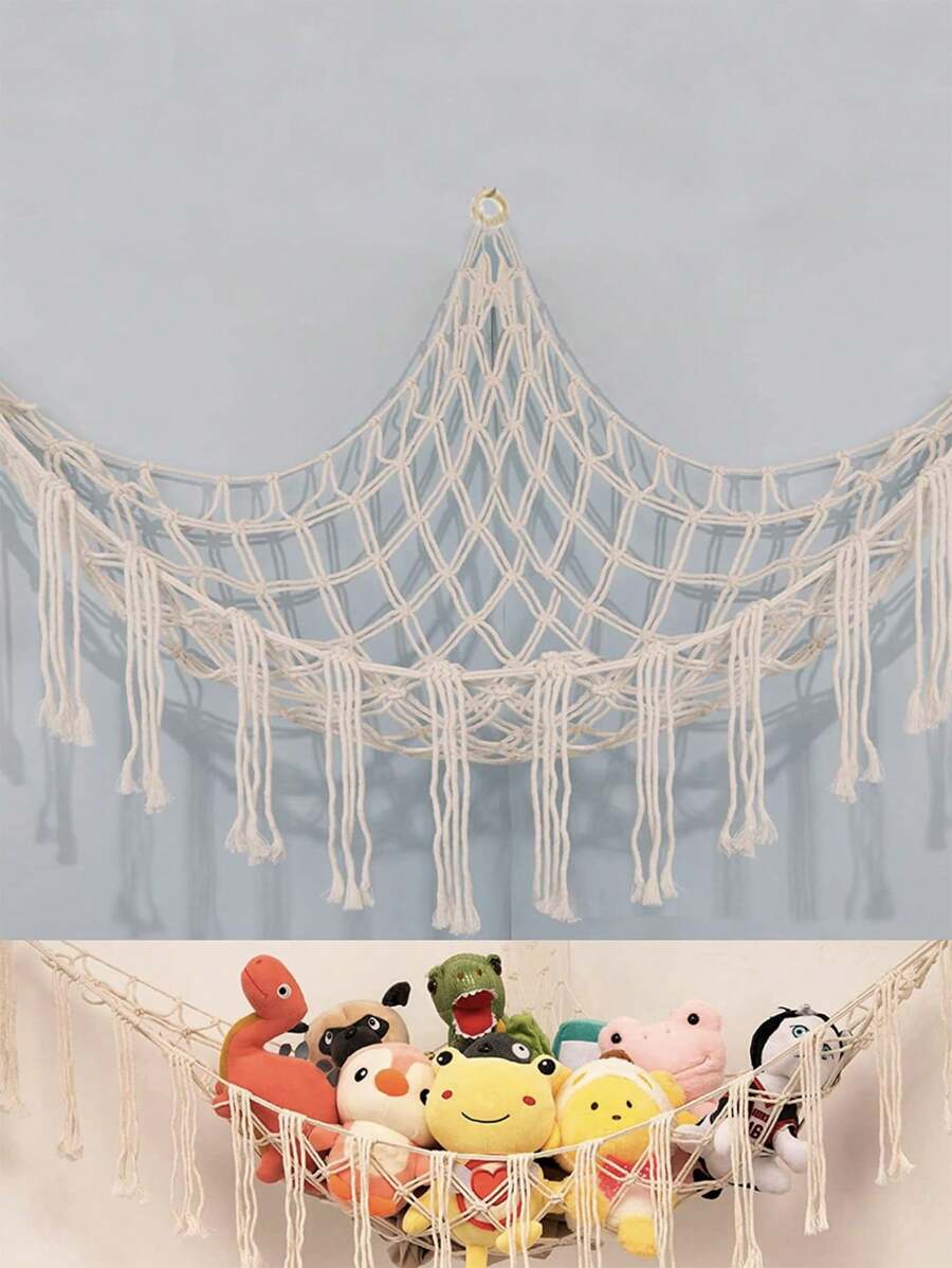 1pc White Large Bohemian Plush Animal Net Or Hammock, Toy Hammock, East And West Animal Storage Corner Hanging Net, Mesh Hammock Plush Toy Hanging Storage With Tassel Hooks For Bedroom Use Rama Decoration Rama Gifts Birthday Graduation