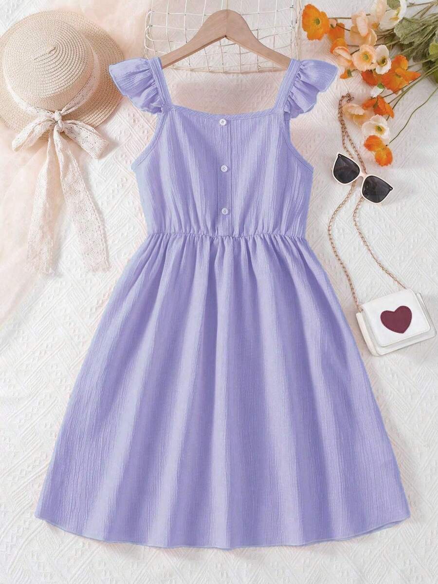 Tween Girl Cap Sleeve Square Neck A-Line Dress With Elastic Waist, Casual Solid Color Mid-Length Dress, Summer Clothing