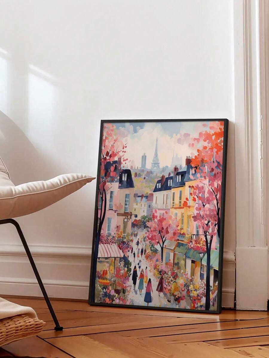 1 pieza Impresión artística de tinta con paisaje urbano abstracto de París, estilo art decó sin marco, tema de París en primavera, orientación vertical, decoración de pared moderna con calle y flores de París