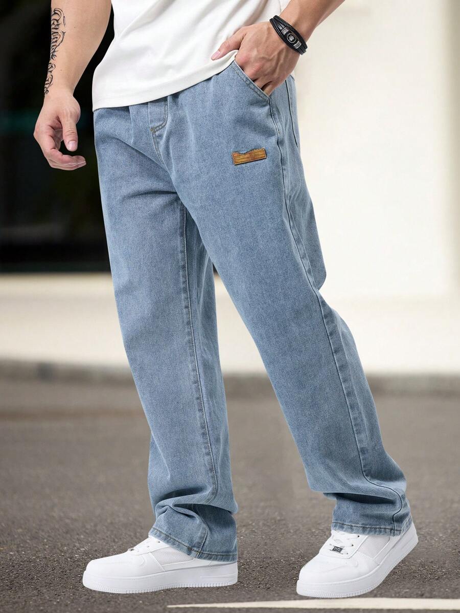 Men's Plus Size Simple Solid Color Loose Straight Elastic Drawstring Waist Jeans
