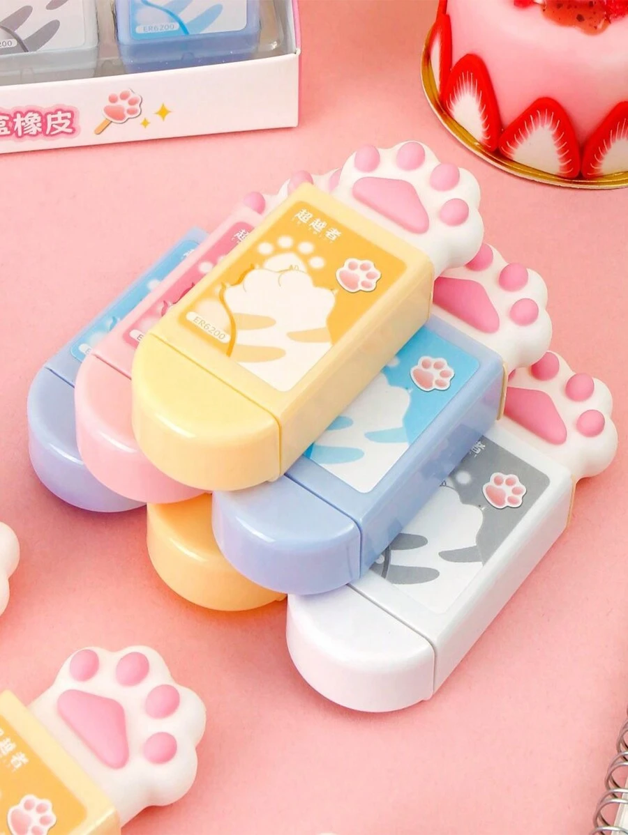 Borrador de lápiz en forma de caja mágica con diseño de pata de gato, borrador de goma de dibujos animados para estudiantes, útiles escolares, premios, oficina, vuelta al cole