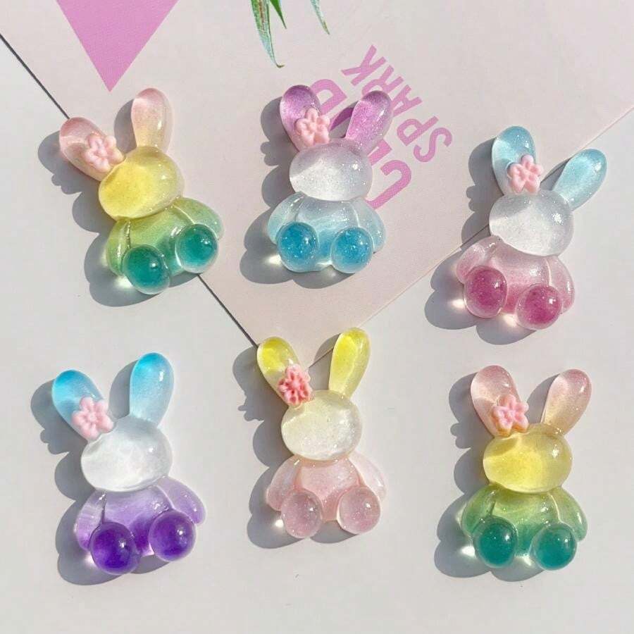 10pcs Assorted Resin Rainbow Rabbit DIY Accessories - Earrings, Hair Clips, Jewelry, Stationery, Phone Cases, Keychains, Charms, Fridge Magnets, Craft Supplies, Includes Double-Sided Adhesive