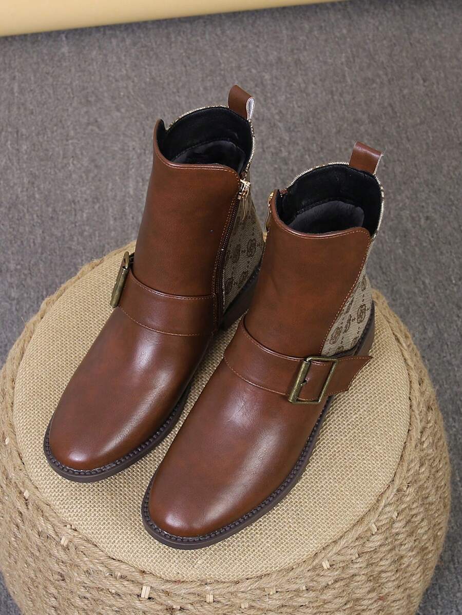 Sexy Round Toe Low Heel Boots, Color Block Thick Heel Short Shaft Chelsea Boots For Women, Autumn/Winter