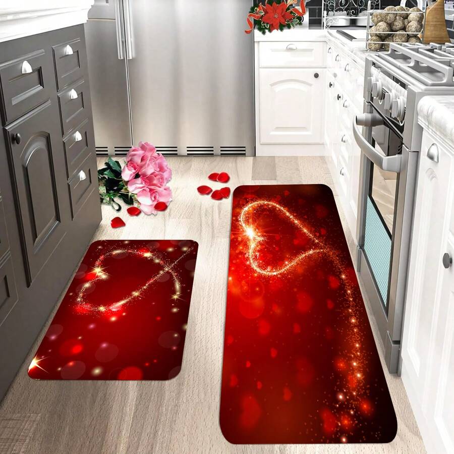 1/2pcs Abstract Heart Shaped Kitchen Mat, Seasonal Valentine's Day Anniversary Wedding Holiday Low-Key Floor Mats, Suitable For Home Kitchen
