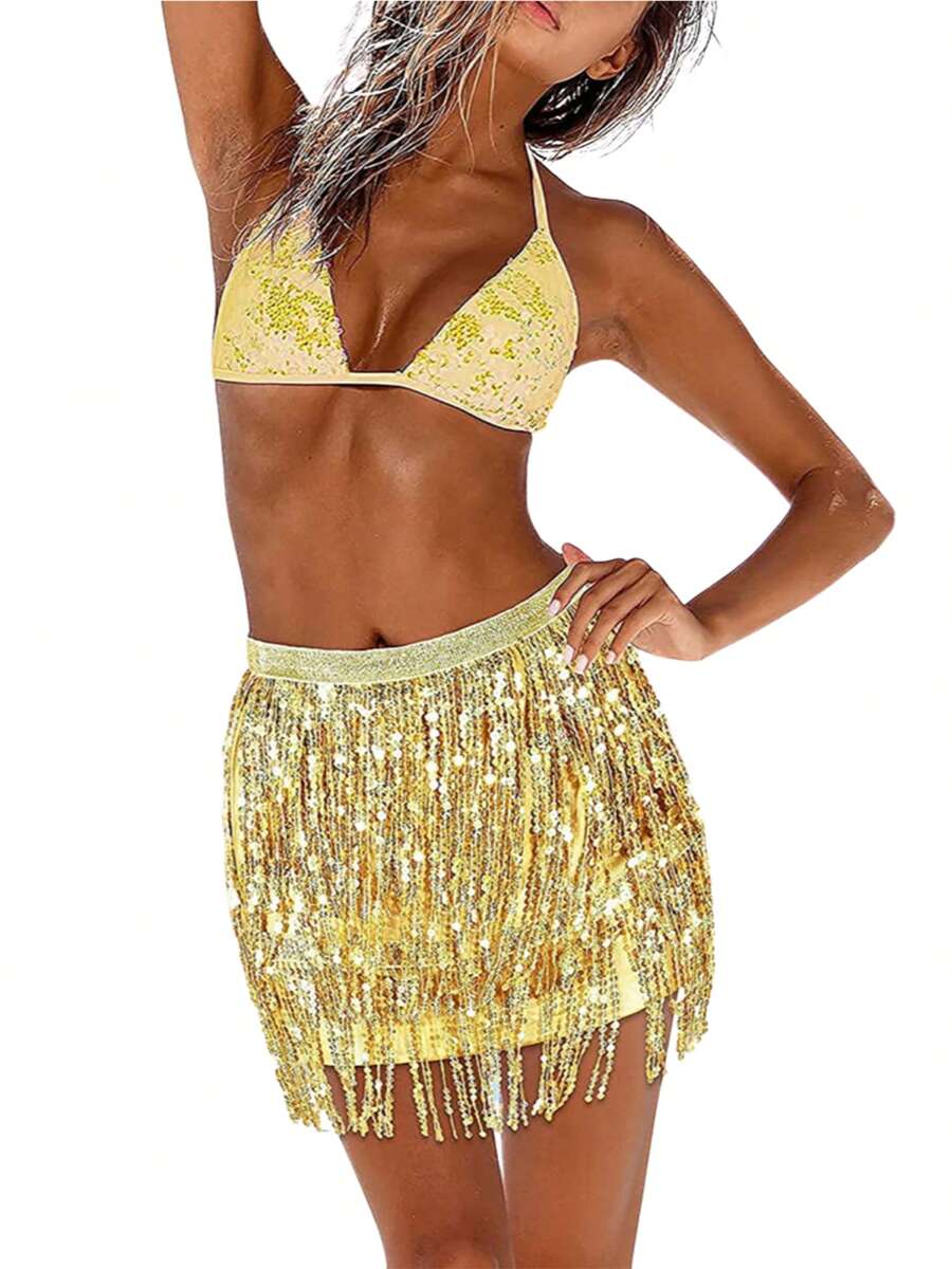Women Sequined Fringe Skirt, Glitters Elastic Waist Miniskirt, Mini Skirt For Dance, Rave Party, Black/Silver/Gold/Red