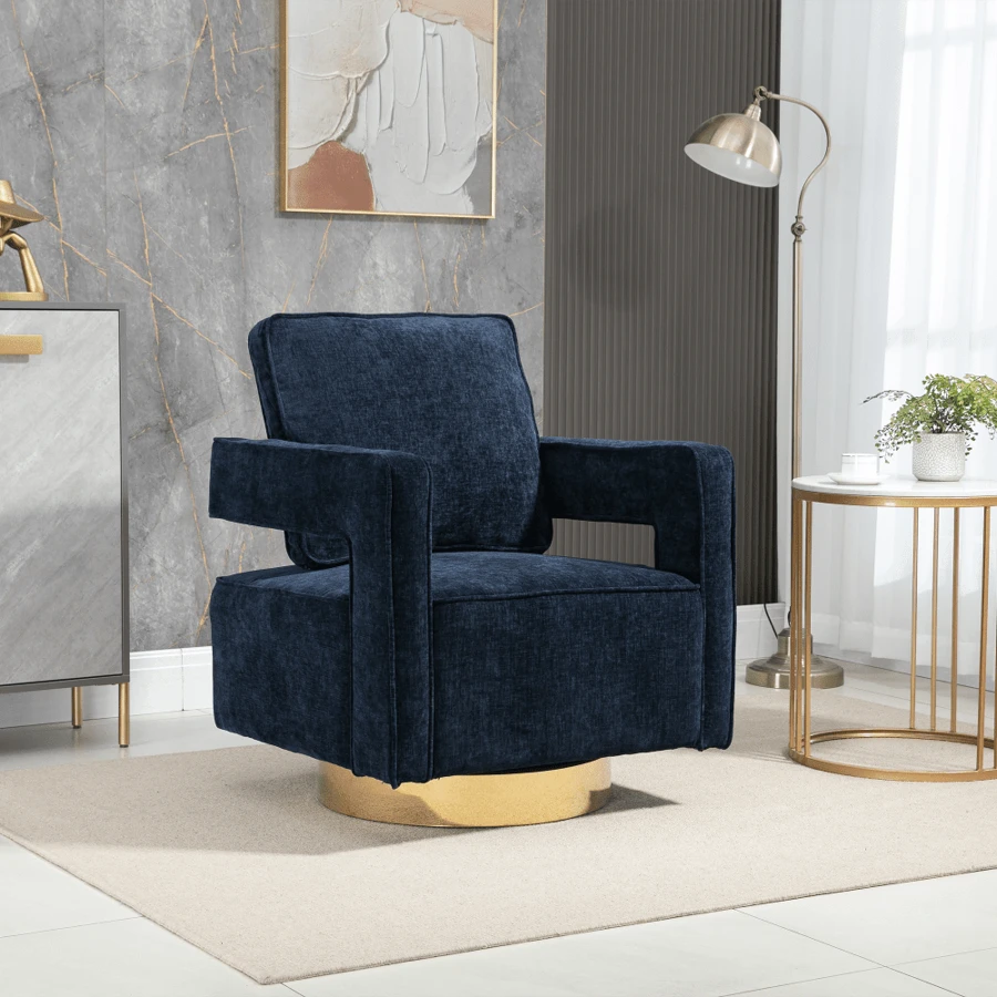 30.7"W Swivel Accent Open Back Chair Modern Comfy Sofa Chair With Gold Stainless Steel Base For Nursery Bedroom Living Room Hotel Office, Club Chair Leisure Arm Chair For Lounge (Navy Chenille),Youngth