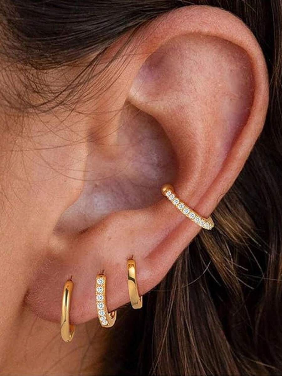 4 Pairs Dainty CZ Gold Huggie Hoop Earrings For Women, 14K Gold Plated Stainless Steel Lightweight Small Earring Hoops For Cartilage Rook Daith Piercing Gift For Her