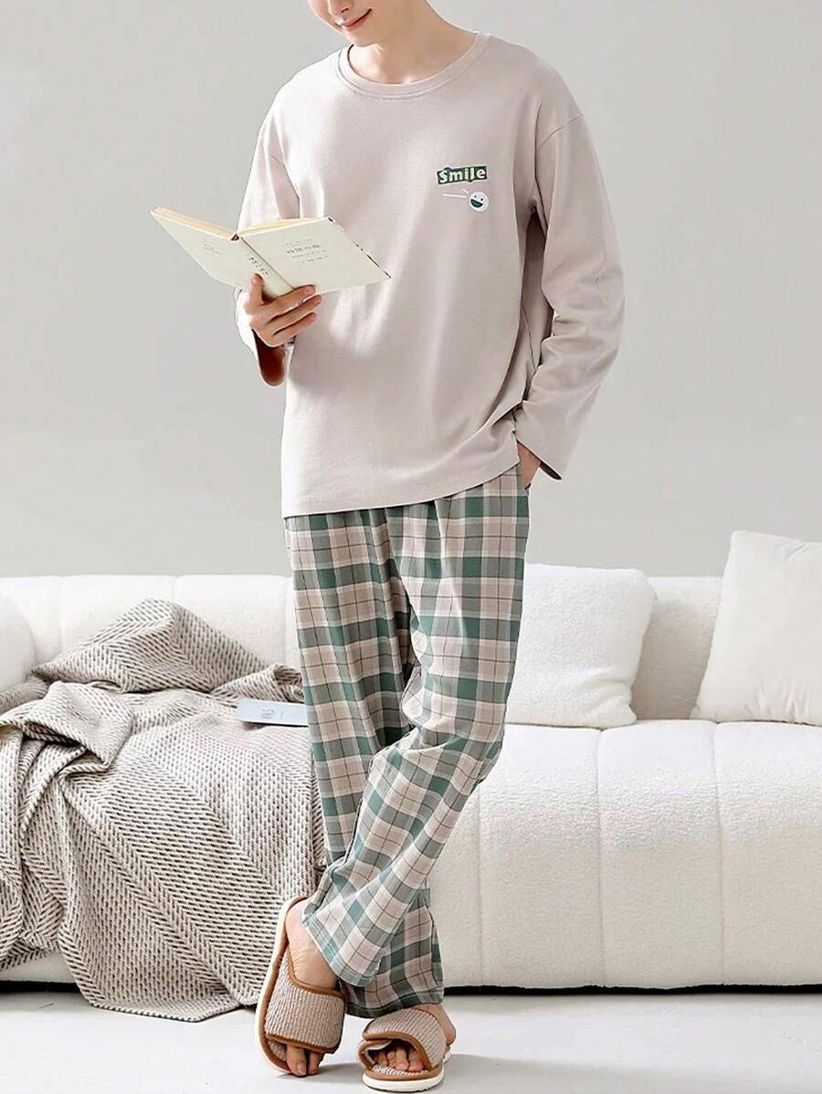 2 pièces Ensemble de vêtements de nuit pour homme, Top à col rond ample à manches longues et pantalon à carreaux verts avec poches