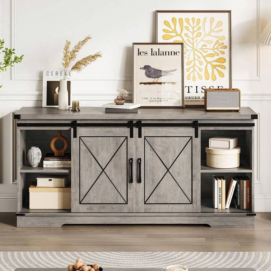 Farmhouse TV Stand For Up To 65''TV, Entertainment Center With Sliding Barn Doors And Adjustable Shelf, Media Console Table With Storage Cabinet For Living Room, Bedroom