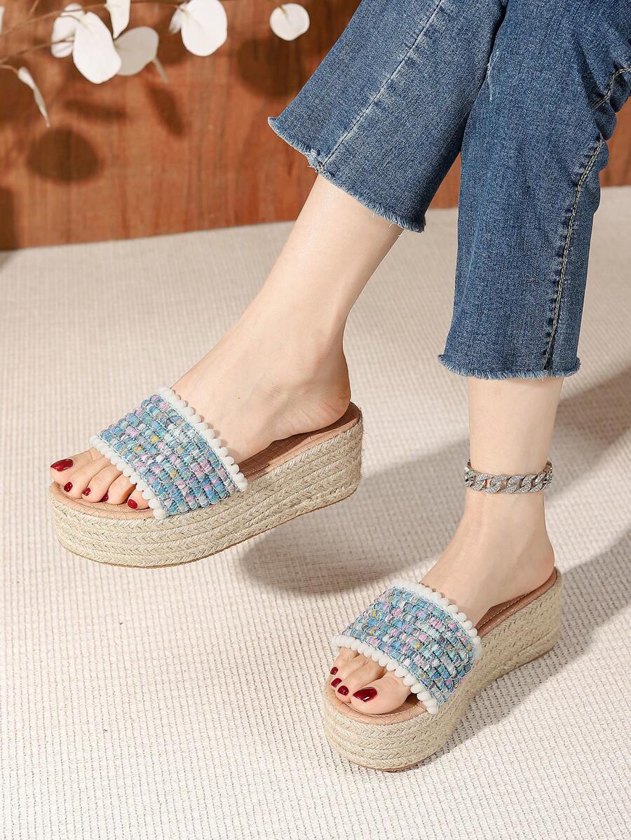 Women's New Wedge Platform Slip-On Casual Fashion Comfortable Woven Straw Sole High Heel Sandals