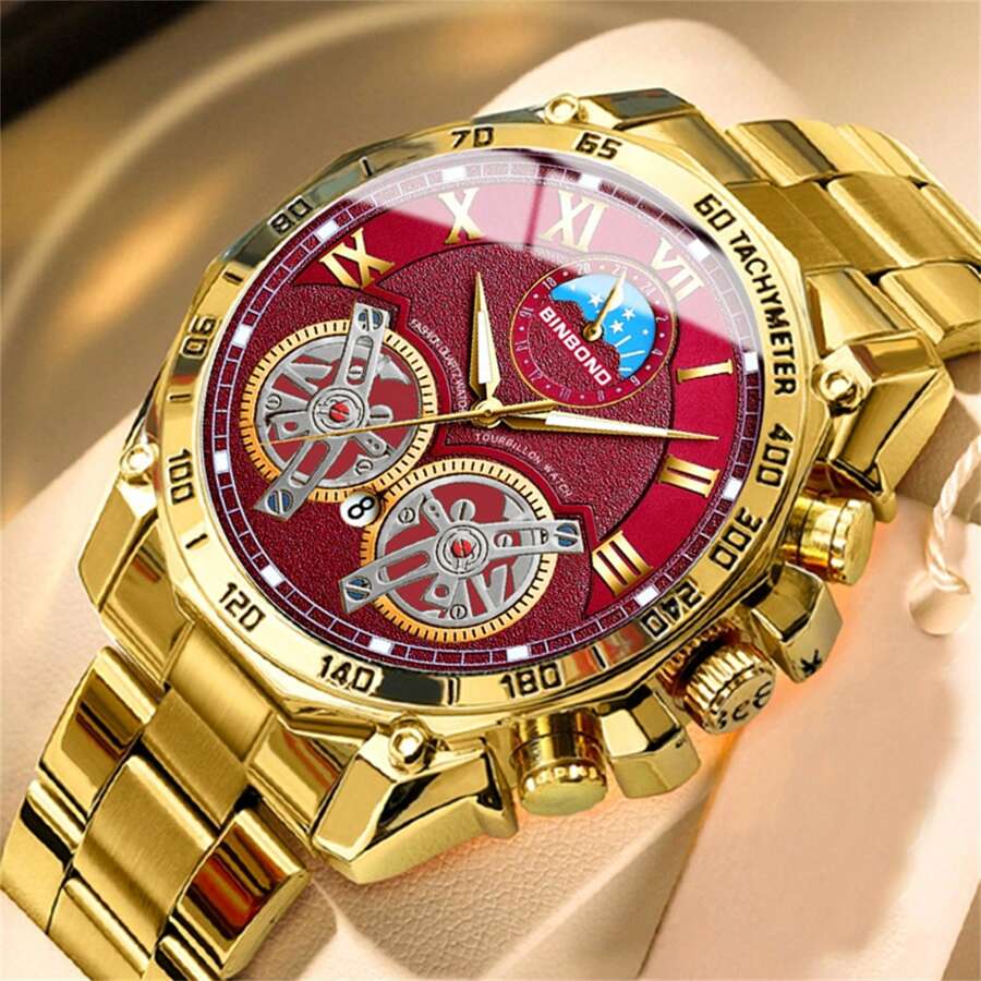 Reloj para hombre con esfera roja, 50m de acero inoxidable 316 resistente al agua - Movimiento automático de cuarzo importado de Japón - Calendario de domingo en inglés de batería de larga duración de alta duración con calendario preciso, regalo de cumpleaños, esposo, Día del Padre, recuerdo de boda, regreso a clases, esenciales