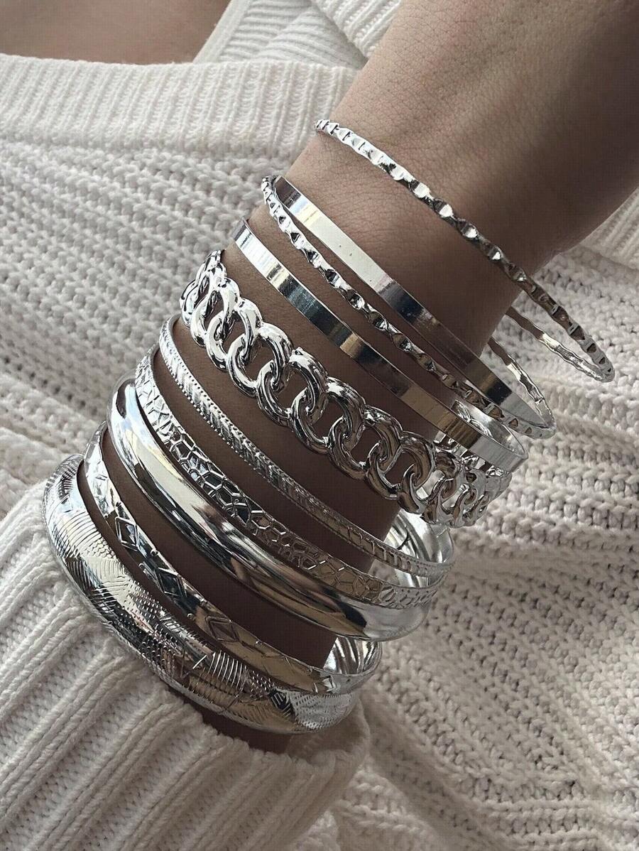 10pcs Retro Personality Exaggerated Asymmetrical Wide Alloy Bangle Set