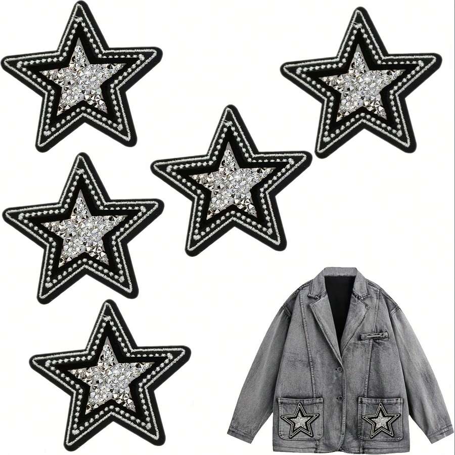 5 pezzi di stemmi ricamati con stelle glitterate bianche e nere, da applicare con ferro da stiro o cucire, decorativi per giacche, jeans, zaini, cappelli, progetti fai-da-te