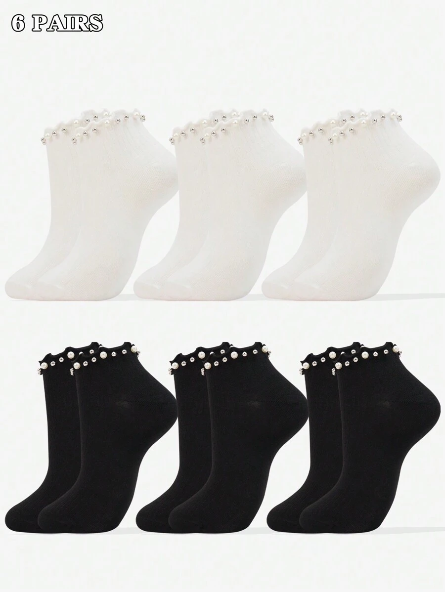 1 par/5 pares/6 pares Calcetines de tobillo con estampado de perlas para mujer, calcetines casuales de algodón cálidos, suaves y transpirables, adecuados para diario, hogar, oficina, escuela, deporte, decorados con lindos patrones de estrellas, lunas y corazones, apropiados para primavera/verano