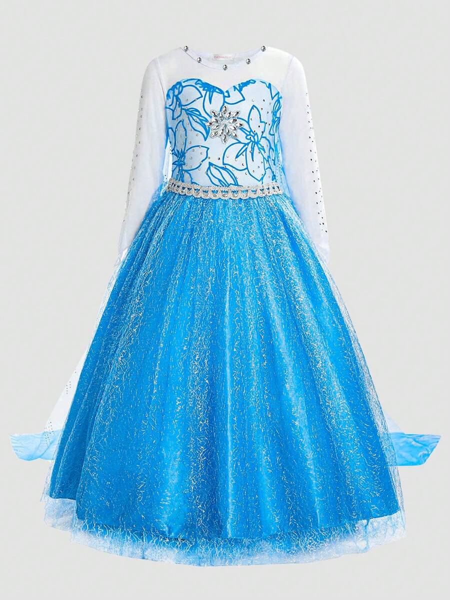 Young Girl Round Neck Long Sleeve Blue Floral Print Party Dress With Train