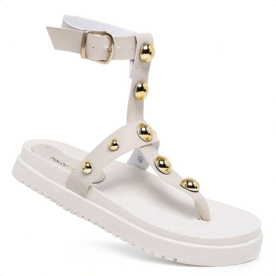 Sandália Feminina Falcucci Papete Gladiadora Flatform Tachas Piramides Confortável Amalf