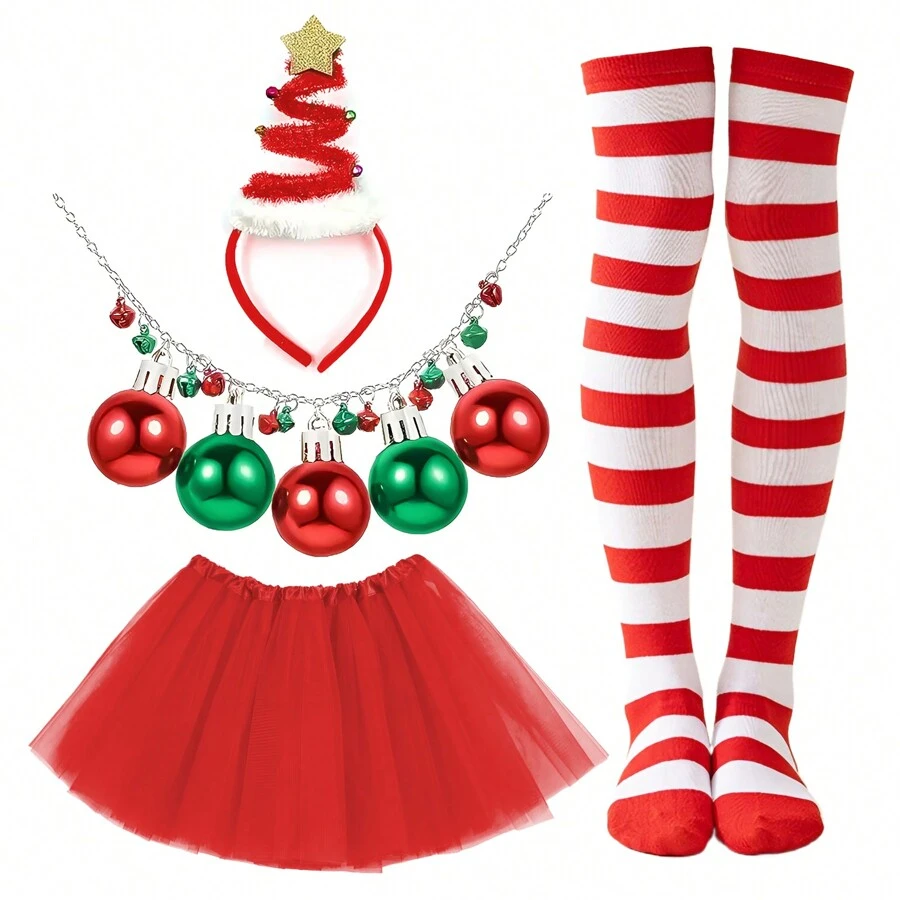 Kerstfeestaccessoiresset van 4 stuks - Kerstboomhoofdtooi, groene tutu van tule, gestreepte kousen, belketting - Feestelijke kostuumbenodigdheden voor dames