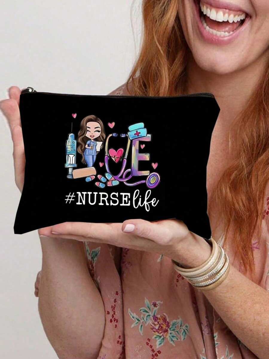 Nurse Needle Stethoscope Letter Print Best Gift For Mom, Teacher, Friend, Nurse, Cosmetic Bag, Female Friend Gift Bag, Travel Souvenir, Birthday, Valentine's Day, Christmas, Women's Day Party, Bridesmaid Cosmetics, Mom's Toiletry Bag