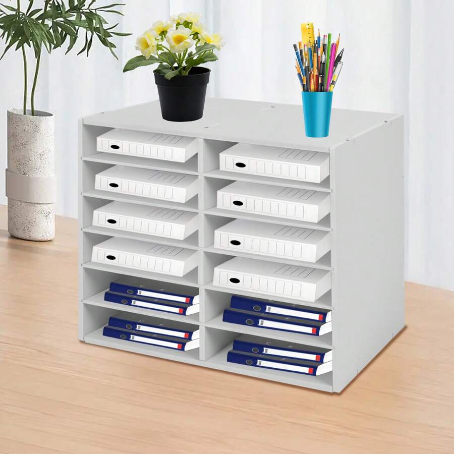 Desktop Literature Organizer Office File Sorter Mail Center Magazine Holder Paper Cabinet With Adjustable Shelves Mailbox For Office Home School Classroom Shelves, 12 Slots, White