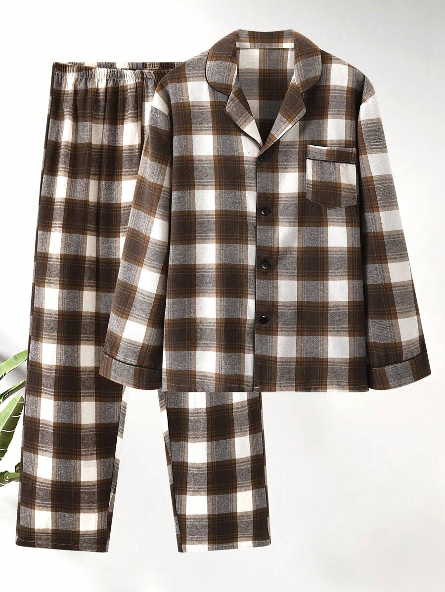 New Plus Size Men's Fashion Plaid Print Button Front Long Sleeve Top And Elastic Waist Pants Pajama Set, Autumn/Winter