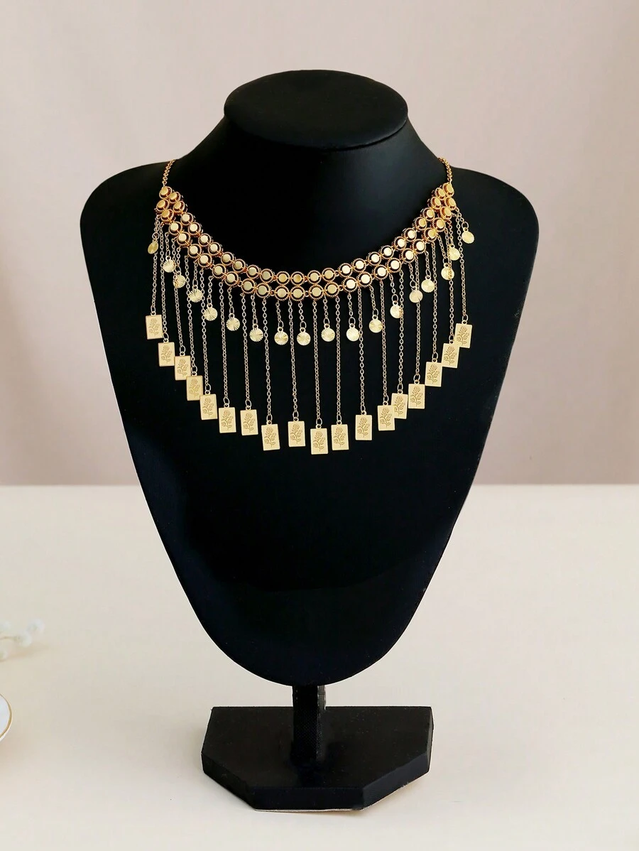 1pc Vintage 18K Gold Plated Copper Plated Tassel Pendant Gold Color Necklace For Women Bridal Wedding Season Party Accessories