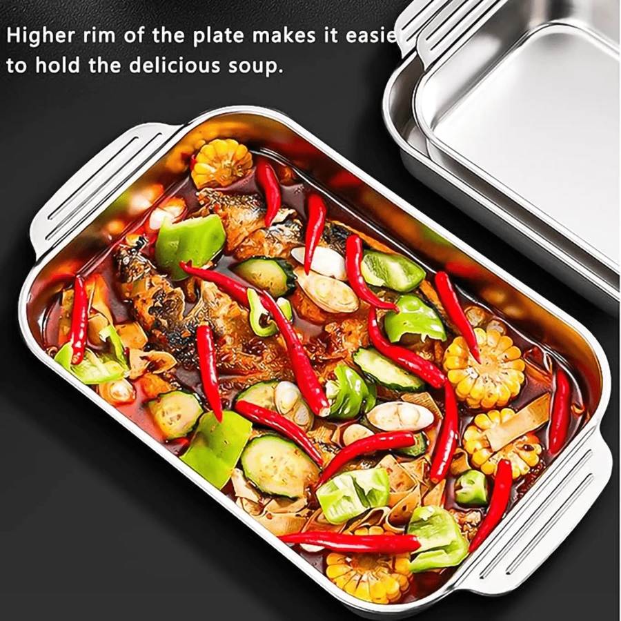 1pc Stainless Steel Thick Double-Ear Heatproof Baking Tray For Fish, Multifunctional Induction Cooker Dedicated Baking Plate With Cover