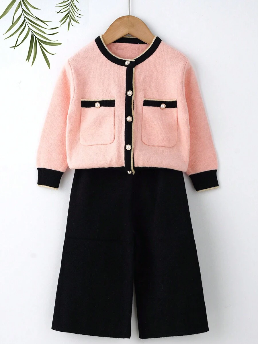 Tween Girls Casual Color Block Trim Cardigan And 7/8 Pants 2 Pieces Set, Autumn/Winter