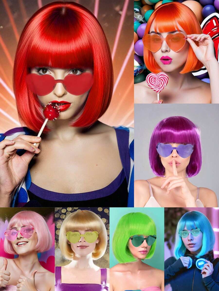 Perruque Bob aux couleurs pastel vibrantes, assortie avec des lunettes de soleil en forme de cœur colorées et sans cadre pour femmes. À porter au quotidien, pour la Saint-Patrick, Halloween, la Saint-Valentin ou des fêtes costumées. Cheveux courts et droits