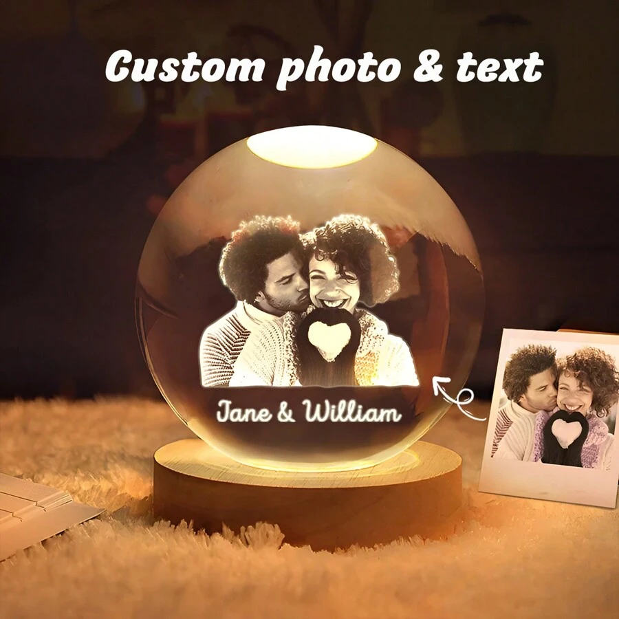 1 peça, luz noturna de bola de cristal LED personalizada - lâmpada fotográfica personalizada para decoração de casa e escritório | Presente ideal para casais, pais e entes queridos em ocasiões especiais, bola de cristal com foto personalizada, luz noturna com foto personalizada, dia dos namorados, decoração para o dia dos namorados, antimofo, elegante, adorável, colorido, personalizado, único. Presentes ideais para amigos, filho, filha, estudantes, trabalhadores, crianças, escola, casa, escritório, aniversário, formatura, renovação da casa, multifuncional, durável, ornamental, reutilizável, requintado, elegante, de alta qualidade, colorido, moderno, personalizado, personalizado, único, presentes ideais para ele, presentes ideais para ela, namorado, pai, namorada, mãe, família, amigos, sala de chá, casa, jardim, escritório, para aniversários, para o dia dos namorados, para o dia das mães, para aniversários, para o dia dos pais, para formatura, para casamentos, para inauguração de casa.
