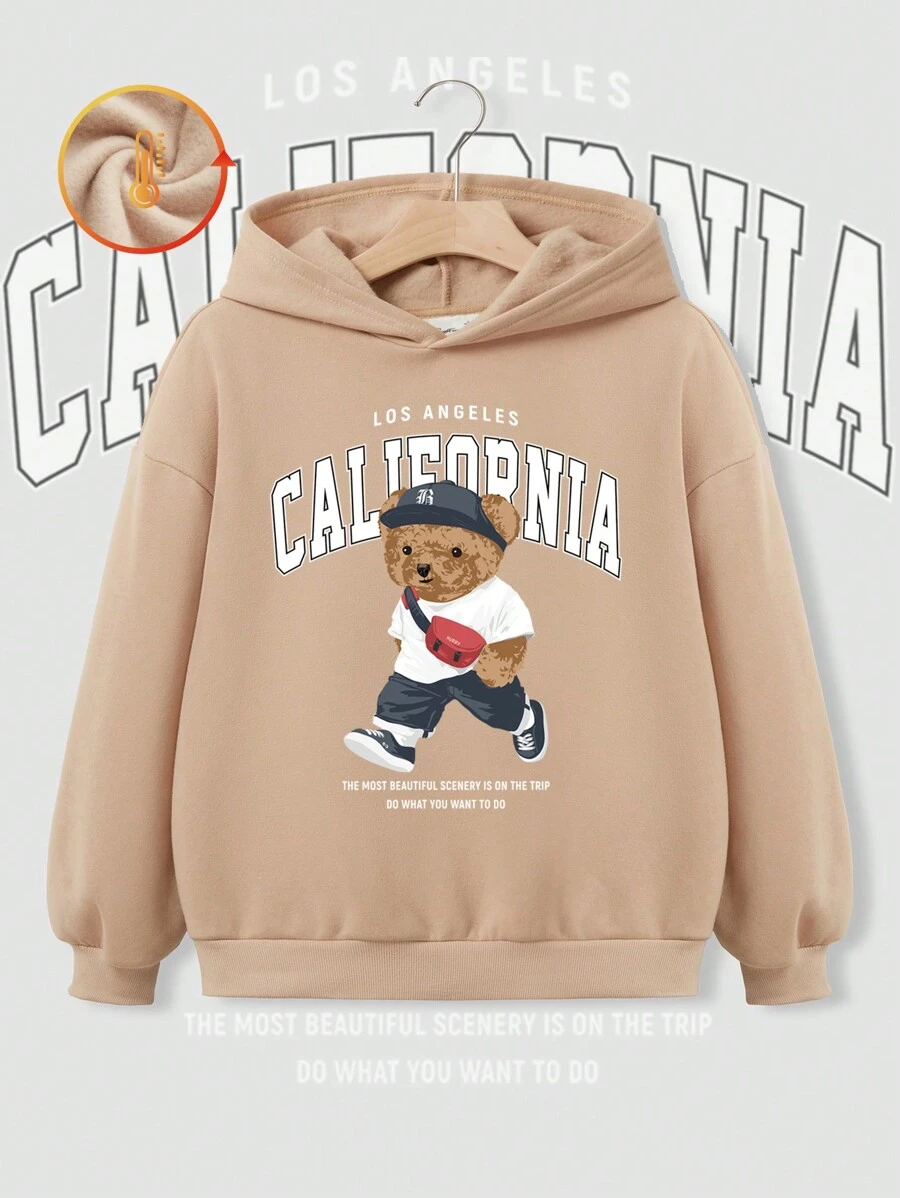Suéter oversize de felpa con estampado de oso de dibujos animados y eslogan para niñas, estilo universitario suave y cómodo para otoño/invierno