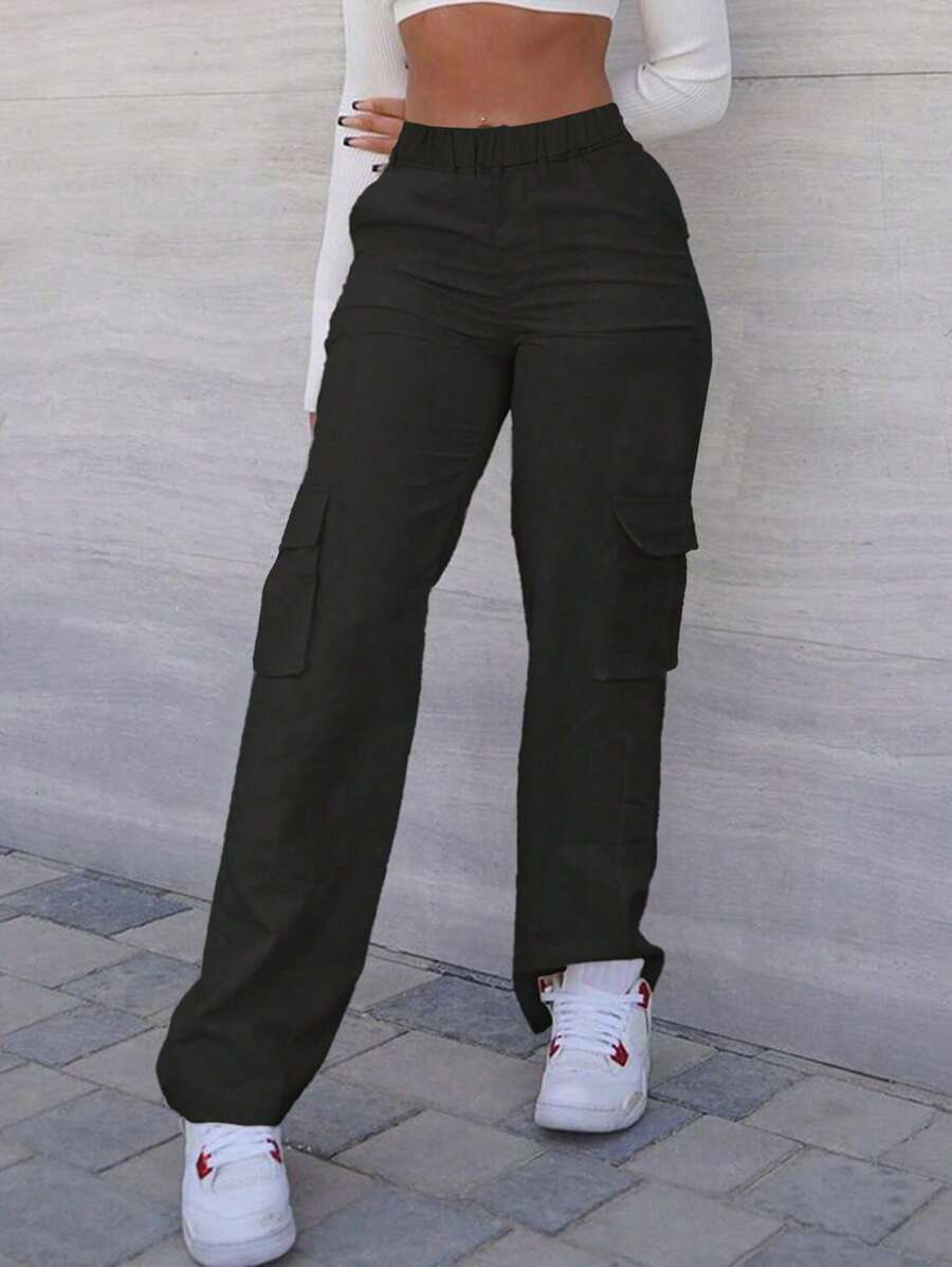1 pieza Pantalones cargo de pierna recta sueltos informales para niñas preadolescentes con múltiples bolsillos, adecuados para ejercicio al aire libre, primavera/verano/otoño/invierno