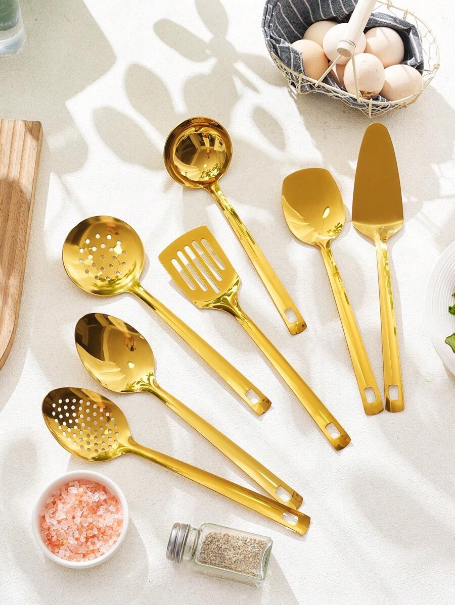 1/7pcs Stainless Steel Serving Utensil Sets, Including Cookware Spatula, Spoon, Cake Server, Soup Ladle, Suitable For Hotel, Restaurant, Party, Buffet, Home Cooking