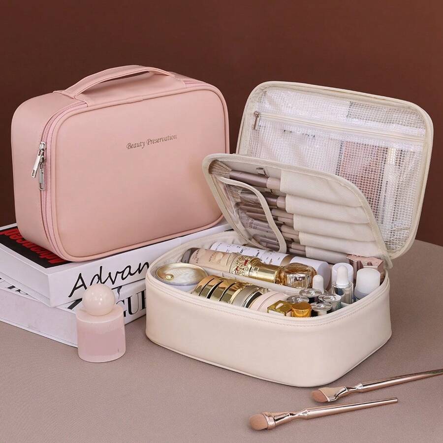 1 pièce Nouveau sac cosmétique multifonction grande capacité en PU détachable pour le rangement des pinceaux de maquillage, parfait pour les voyages. Organisateur de toilette de voyage unisexe, idéal comme cadeau, avec fermeture éclair et accessoires pour les ongles.