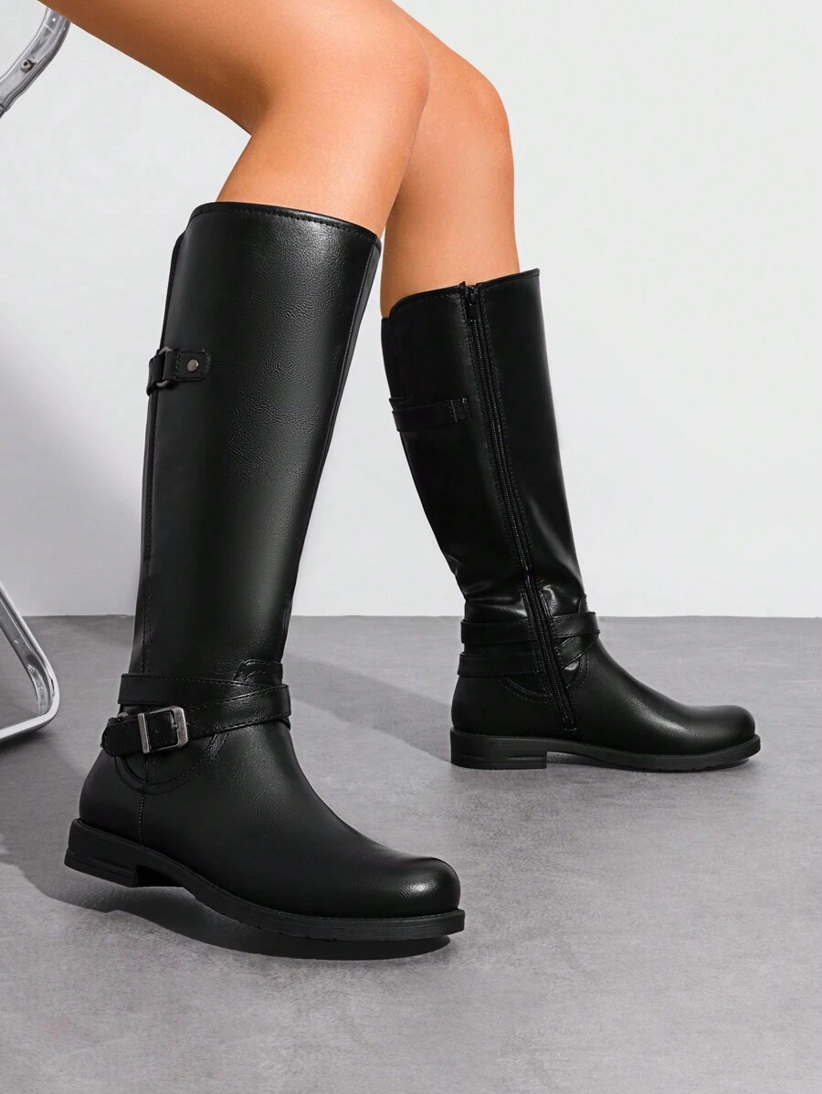 Women's Motorcycle Riding Boots Round Toe Side Zipper Low Block Heel Knee High Boots Fashionable Comfortable Buckle Decorated Biker Black Boots For Outdoor Casual