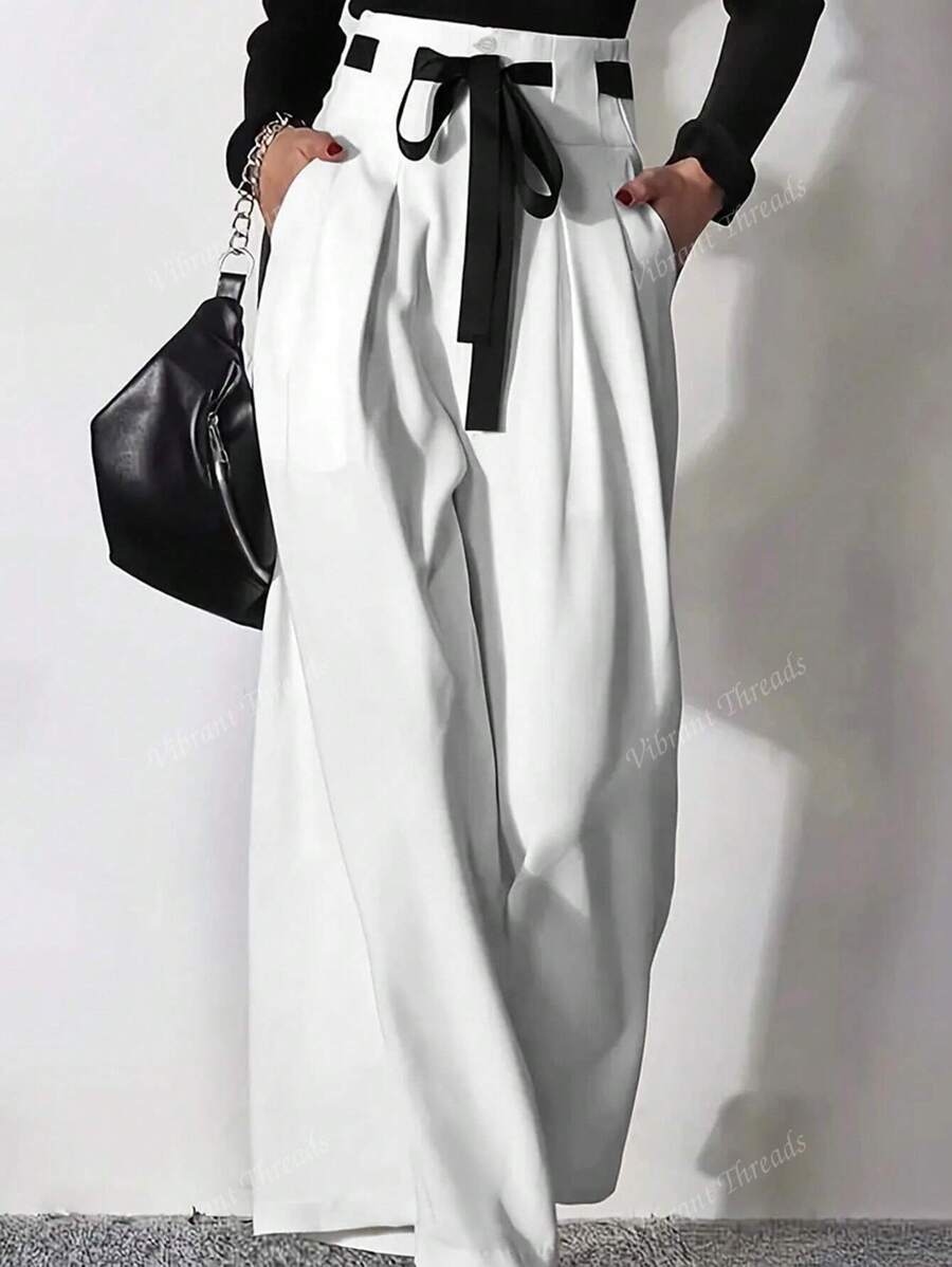 Damskie, swobodne i modne, jednokolorowe, plisowane, kontrastowe, sznurowane, eleganckie, uniwersalne i eleganckie spodnie z szerokimi nogawkami