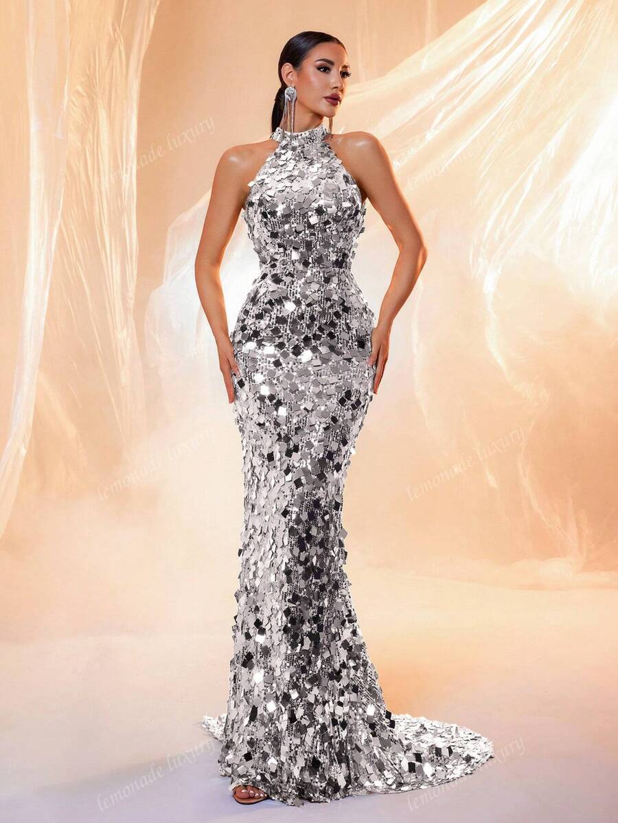 Abito da sera lungo con paillettes senza maniche e schiena scoperta, abito da festa, abito da invitato di matrimonio, abito da cerimonia, abito da sera