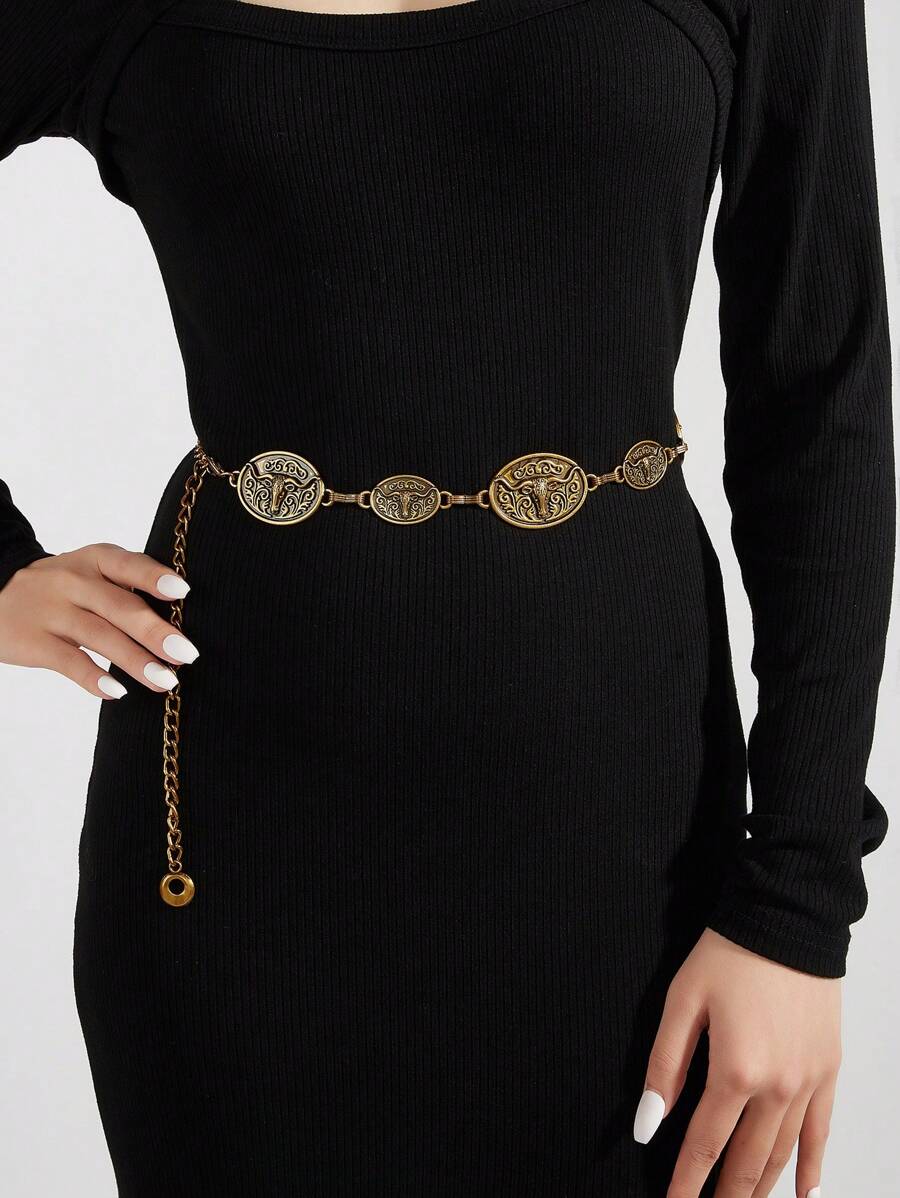 1 New Bronze Bull Street Iron Alloy Women's Belt For Four Seasons Dress Decoration Matching Waist Shaping Fashion All-Match Pure Metal Belt Suitable For Daily Use