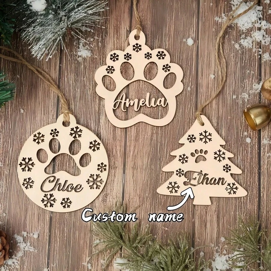 1 PC Personalized Wooden Pet Paw Print Ornament With Custom Name, Vintage Style Dog Paw Shaped Christmas Tree Decoration, Customizable Alphabet Tag For Pet Gifts, Holiday Party Decor