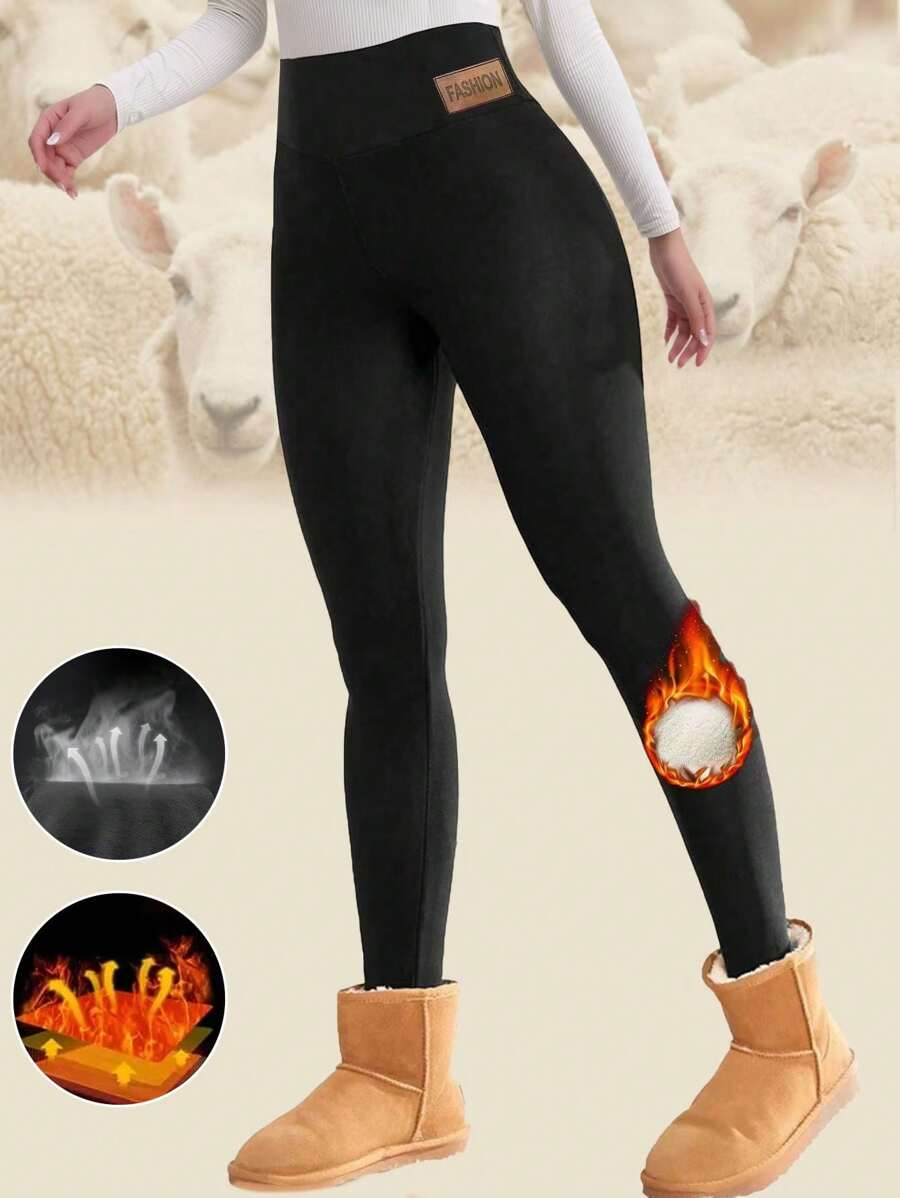 1pc 300g Thick Fleece Wool Lined Women's High Waist Leggings, Thermal Warm Pants For Winter