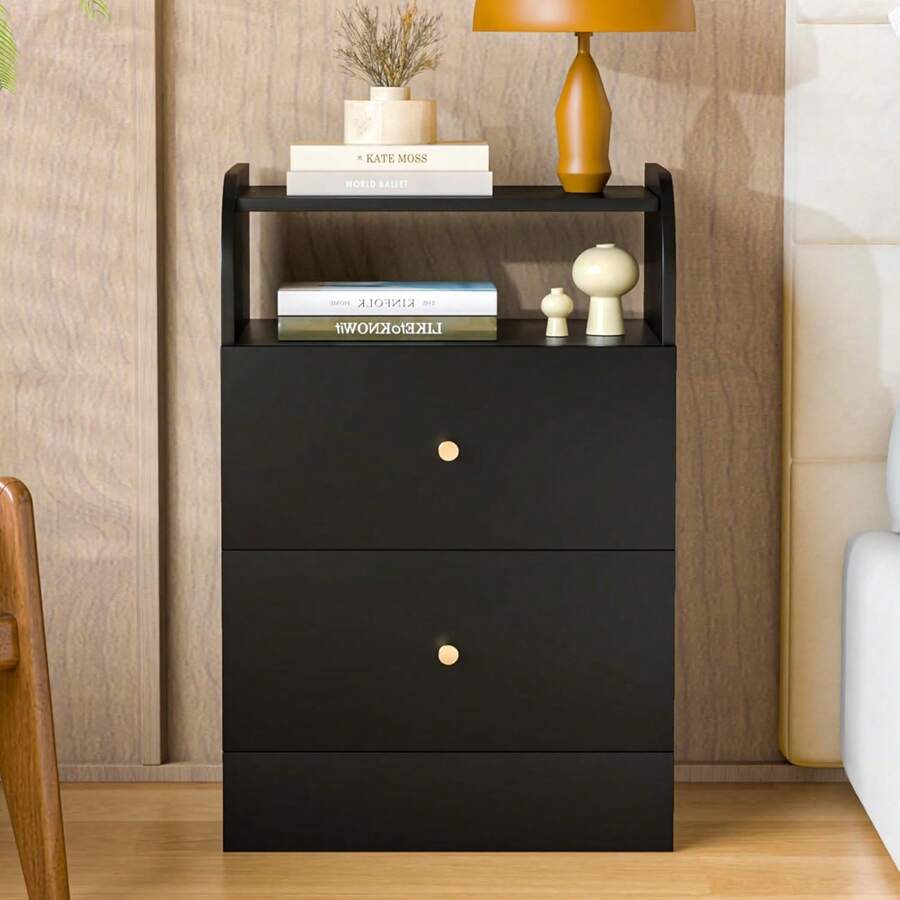 Nightstand With Two Drawers Black Bedside Table Chest Of Drawers With Opening Storage Rack,3 Tiers Modern Night Table For Bedroom Small Spaces Storage Furniture