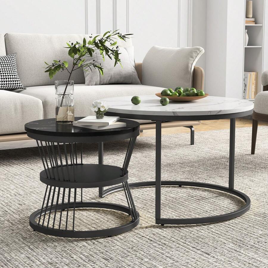 Nesting Couchtisch 2er Set, Stapelbarer Couchtisch mit Golden Metallgestell, Runder Beistelltisch, Moderner Kaffeetisch mit Stauraum, Kaffeetisch für Wohnzimmer, Schlafzimmer, Balkon