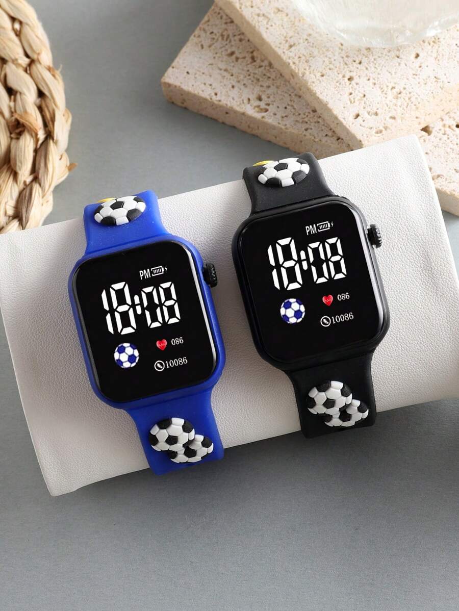2pcs Battery Operated Unisex Football Decor LED Digital Wristwatch, Suitable For Daily Wear