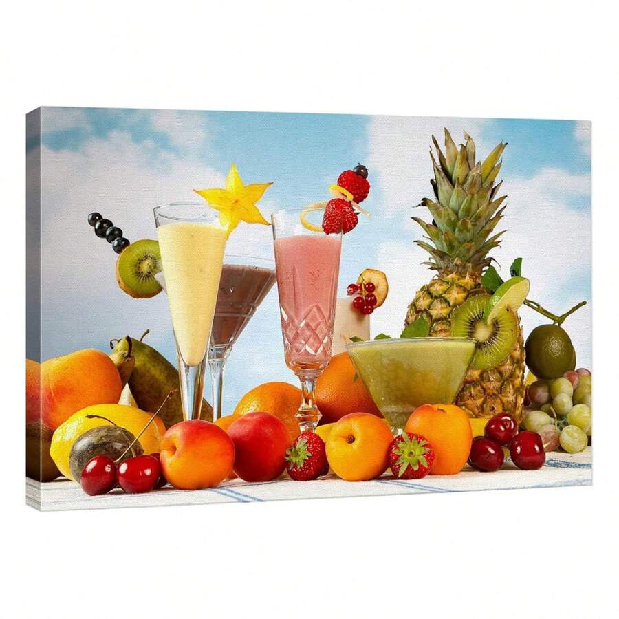 1pc Canvas Print Wall Art Tropical Fruit Smoothies With Strawberry & Orange Garnish Fruit Food Photography Realism Chic Scenic Colorful Multicolor For Coffee Shop, Restaurant, Living Room, Kitchen, Home Decoration, Framed Ready To Hang After