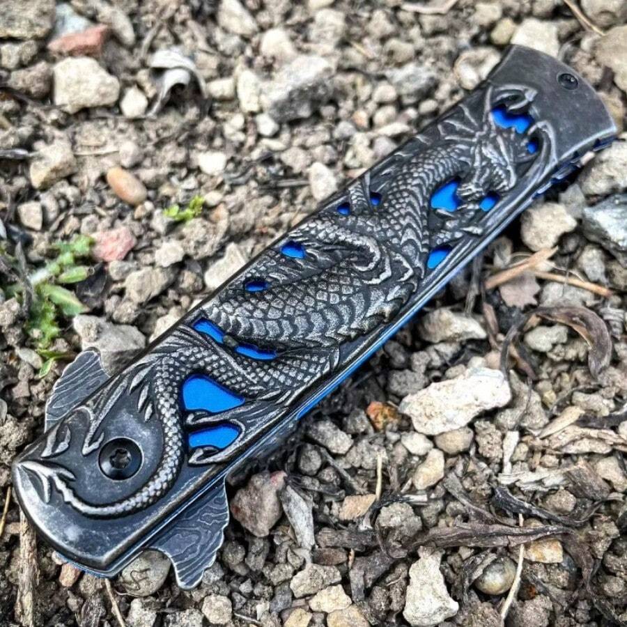Survival Camping Knife, Dragon Engrave Handle, Blue/Red Style, With Pocket Clip Good For Outdoor And Collection Knives,Back To School,School Supplies